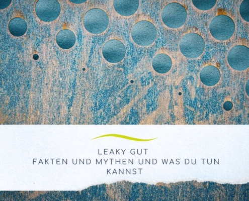 Blauer Hintergrund mit angedeuteten Löcher, Text Leaky gut Mythen und Fakten